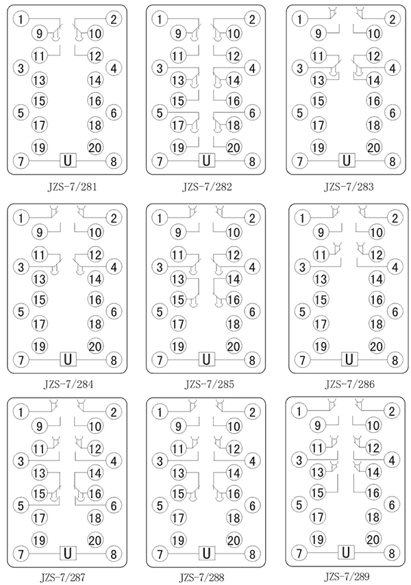 JZS-7/284斷電延時中間繼電器內(nèi)部接線圖